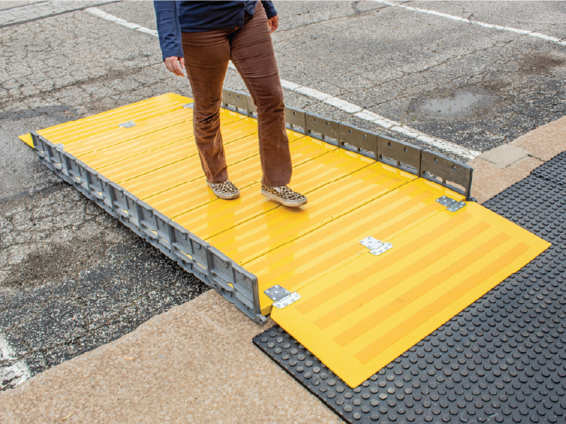 False?Pedestrian Walking on BoardWalk Metal RAMP :#